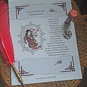 May include: A printable chant to the Morrigan, the Phantom Queen, with an illustration of a woman with red hair and a black dress. The chant is written in a decorative font and includes the text "Chant to the Morrigan (Phantom Queen)".