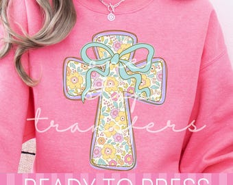 Preppy Coquette Spring Floral Cross Christian DTF Transfer - Ready to Press Heat Transfer