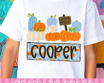 May include: A white short-sleeved t-shirt featuring a graphic of stacked pumpkins in shades of orange, white, and light blue. A brown sign reads PUMPKIN PATCH. Below, a rectangular box with a blue pumpkin pattern contains the name COOPER.