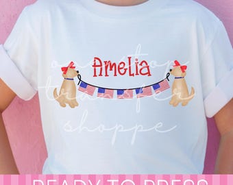 Custom Name Girls With Bow Preppy Dogs USA DTF Transfer - Ready to Press Transfer