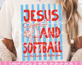 Preppy Stripes Red and Blue Jesus and Softball DTF Transfer - Ready to Press Transfer