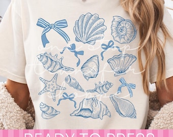 Preppy Coquette Blue Seashells DTF Transfer - Ready to Press Heat Transfer