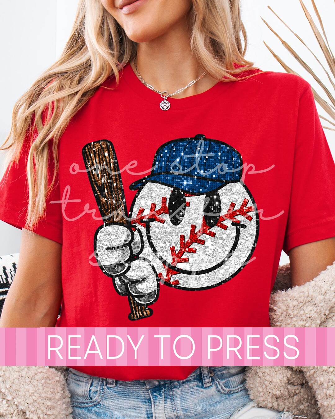 Faux Glitter Baseball Player Smiley Face DTF Transfer - Ready to Press ...