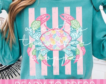 Trendy Stripes Preppy Seashells Crab DTF Transfer - Ready to Press Heat Transfer