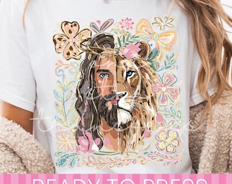 Watercolor Floral Lion of Judah, Lion and Jesus Christian DTF Transfer - Ready to Press Heat Transfer