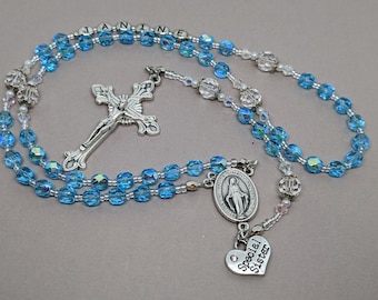 Personalized Aqua Czech fire polished crystal rosary beads,  crucifix and center imported from  Italy