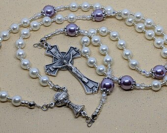 Personalized white glass pearl rosary beads with pink, lavender or white Our Father beads.  crucifix and center imported from  Italy