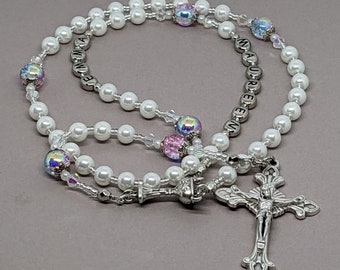 Personalized rosary beads with white glass pearls and two toned crackle glass pink/blue beads