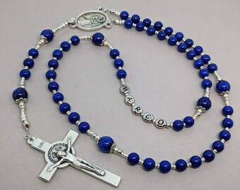 Personalized rosary beads, medium blue jade stone beads, crucifix and centerpiece made in Italy.