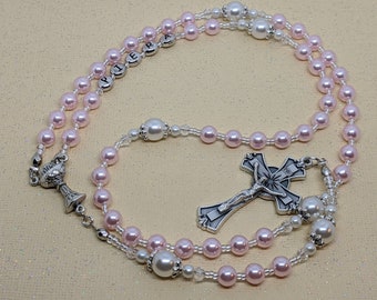 Rosary beads, pink Czech glass pearls with white pearls, personalized with name