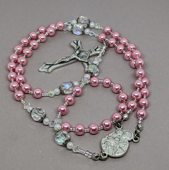 Rosary Beads, Deep Pink Glass Pearls With Clear Crystals Pater