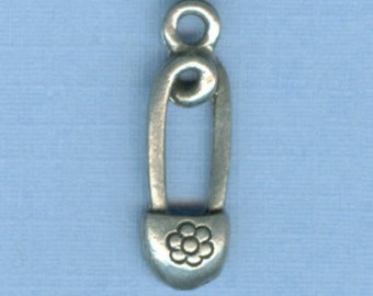 Pewter Safety Pin Charm with Flower (pewter)
