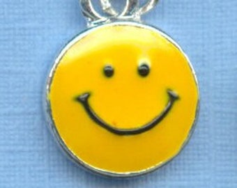 3 Yellow Smiley Face Emoji Charms (Silver Plated, Hand Enameled)