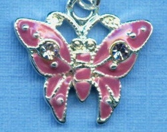 2 Purple Butterfly Charms with Swarovski Crystal Accents (Silver Plated, Hand Enameled)