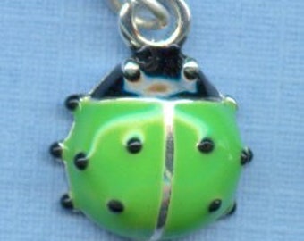 3 Bright Green Ladybug Charms (Silver Plated, Hand Enameled)