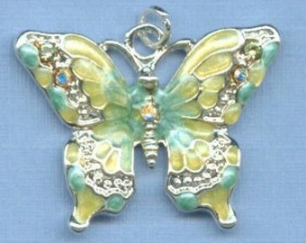 Lime Green & Aqua Butterfly Charm with Swarovski Crystal Accents (Silver Plated, Hand Enameled)