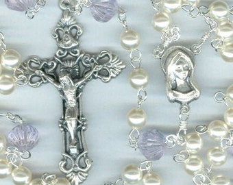 Handmade Pearl & Alexandrite (lavender) Czech Glass Rosary ~ June Birthstone