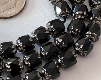 75 Jet Black Czech Glass Cathedral Beads with Silver Tips 6mm