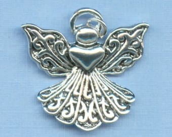 2 Large Heart Filigree Angel Charms (Silver Plated) - Silver e - Wholesale Price
