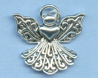 2 Large Heart Filigree Angel Charms (Silver Plated)