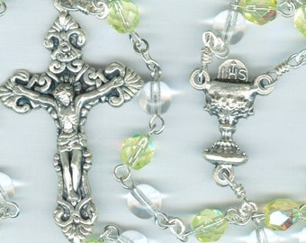 Handmade AB Yellow (Jonquil) and Clear Czech Glass Rosary ~ Chalice