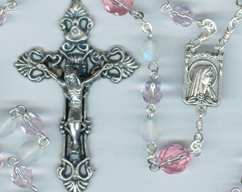 Handmade Pink Tourmaline Czech Glass Rosary ~ October Birthstone