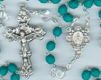 Handmade Neon Emerald Green Czech Glass Rosary - May Birthstone Color
