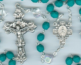 Handmade Neon Emerald Green Czech Glass Rosary