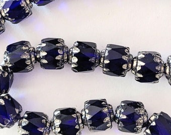 75 Cobalt Blue Czech Glass Cathedral Beads with Silver Tips 6mm