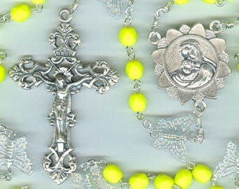 Handmade Neon Yellow Czech Glass Butterfly & Sunflower Rosary