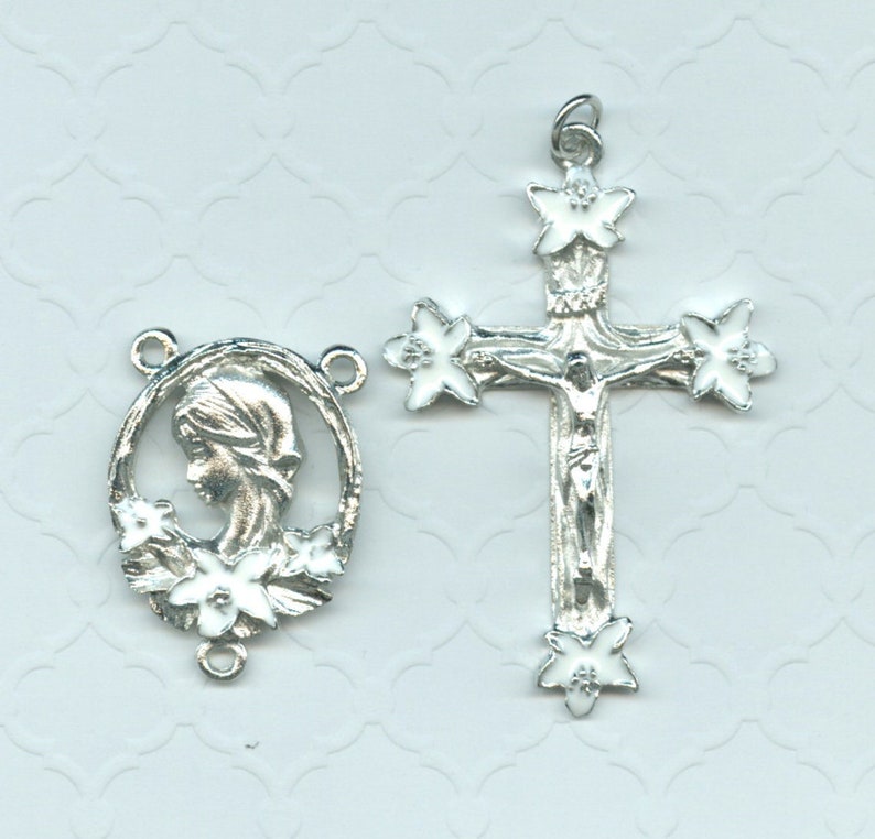 White Lily Rosary Part Set American Imitation Rhodium & Enamel Finish Discontinued image 1