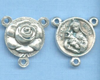 Pack of Rose/Saint Rita Rosary Centerpieces 5/8 in. Italian Silver Tone:  5 or 25 Centerpieces - Sale!