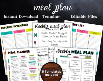 May include: A printable meal planner template with five different weekly meal plans. The template includes a kitchen inventory list, a grocery list, and a meal planner with breakfast, lunch, and dinner options for each day of the week. The template is designed to help people plan their meals and stay organized.