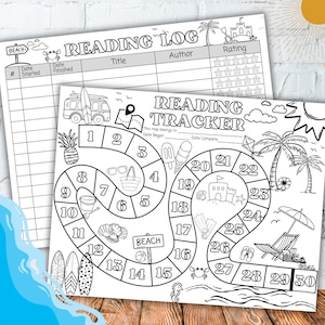 Abenteuerstrand-Lesekarte | Lese-Tracker und Protokoll für Kinder | Sommer-Lese-Challenge | Buchdiagramm | Sofortiger PDF-Download| Malseite