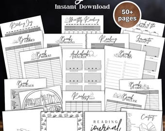 May include: A black and white printable reading journal with over 50 pages. The journal includes pages for tracking books read, audiobooks listened to, and favorite quotes. The cover page features the text "Reading Journal" in a decorative font.