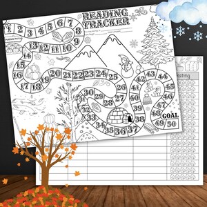 Abenteuer Lesekarte Herbst bis Winterpause | Lese-Tracker für Kinder | Herbst Lesechallenge | Buchkarte | Malvorlage