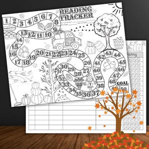 May include: Black and white printable reading tracker with a fall theme. The tracker features a game board with a path shaped like a winding road, with numbers 1 through 50. The path goes through a pumpkin patch, a cornfield, and a forest. There is a truck with pumpkins in the bed, a scarecrow, and a tree with acorns. The text "READING TRACKER" is at the top of the page.