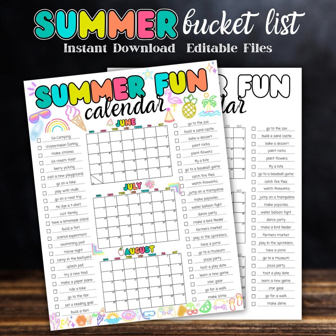 Editable Summer Calendar Printables Summer Fun Bucket List Family ...