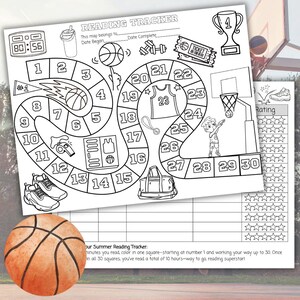 May include: A black and white Reading Tracker board game with basketball illustrations. Features a basketball, a trophy, and a basketball hoop. The text "Reading Tracker" is at the top. A basketball is in the foreground.
