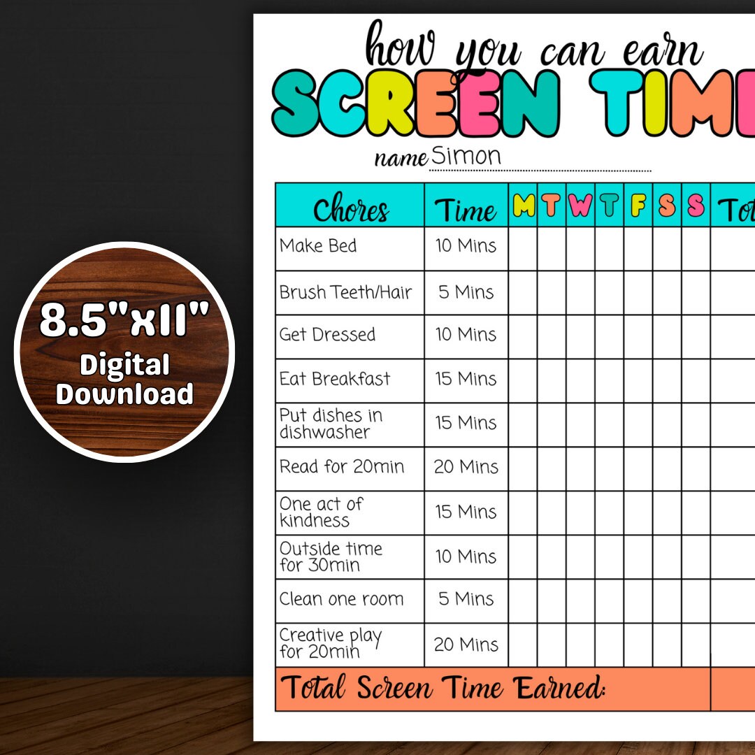 Screen Time Chart Checklist, Editable Printable Screen Time Chore Chart ...