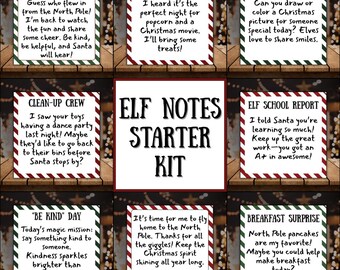 May include: Elf Notes Starter Kit with various message cards. The cards have a white background with red and green borders. Messages include "Movie Night", "Share the Cheer", and "Breakfast Surprise". The kit is designed for Christmas.