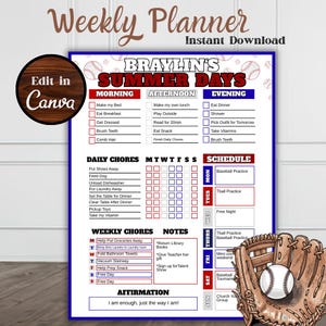 Puede incluir: Un planificador semanal imprimible con tema de béisbol. El planificador incluye secciones para actividades de la mañana, tarde y noche, tareas diarias y un horario. El texto dice "BRAYLIN'S SUMMER DAYS" y "Edit in Canva". Un guante y una pelota de béisbol están en la esquina.