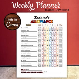 Allowance Chart for Kids Allowance Chore Chart Printable Allowance Chore Allowance and Chore Tracker Kids Chore Chart with Allowance Tracker