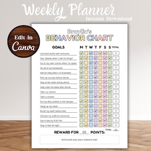 May include: A printable behavior chart with the title "Braylin's Behavior Chart" and the text "Weekly Planner." The chart includes a list of goals, a weekly tracker, and a reward section. The words "Edit in Canva" are also visible.