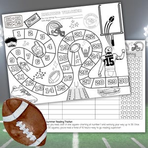 May include: A black and white reading tracker featuring football imagery, such as a helmet, football, and player. The tracker has 30 squares to colour in, with the words "Reading Tracker" at the top. A brown football is in the foreground.