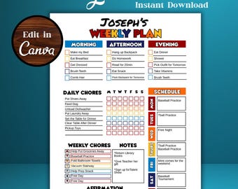 Kids Chore Chart Planner, Weekly Responsibility Template (PDF)