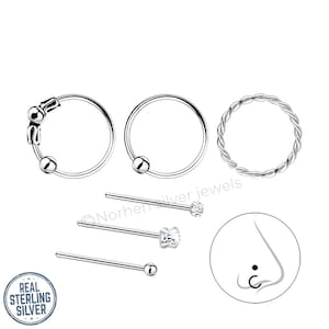 Confezione da 6 gioielli misti per il naso in argento Sterling 925. Gioielli per il setto nasale. Piercing per il corpo. Gioielli per il naso. Piercing per il naso. Anello per il setto nasale in argento. Cerchio per il naso.
