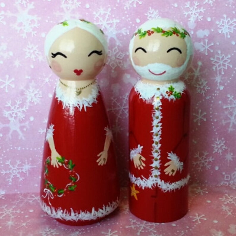 Hand Painted Love Boxes Santa & Mrs Santa Claus Christmas Peg Doll Wood image 1
