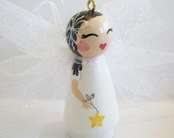 Hand Painted Love Boxes Christmas Angel Birthday Fairy White Wood Peg Doll Ornament