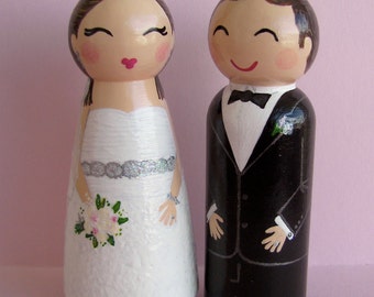 Hand Painted Love Boxes Custom Wedding Bride Groom Cake Topper Kokeshi Peg Dolls Wood